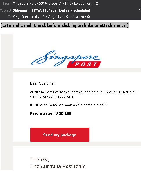 A Singapore Post phishing email 